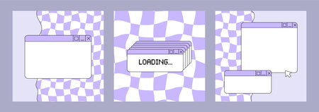 Set of social media post templates in retrowave aesthetic. Vector illustration with retro computer windows. Square backgrounds in y2k, 00s, 90s styleのイラスト素材
