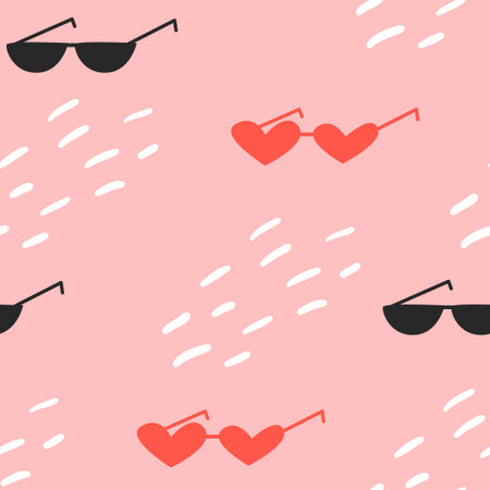 Seamless pattern with cute glasses and texture spots. Heart shaped glasses. Summer vector pink background.のイラスト素材