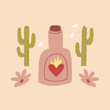 Western vector illustration with cowboy rum bottle, flowers and cactuses on isolated background. Wild west, mystical, boho, magic, esoteric conceptのイラスト素材