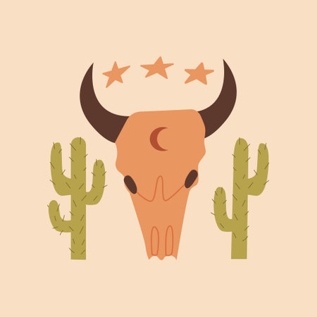 Western vector illustration with bull skull, cactuses and stars on isolated backgroundのイラスト素材