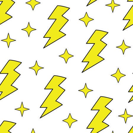 Seamless pattern with flash lightning and stars. Cute comic concept. vector backgroundのイラスト素材