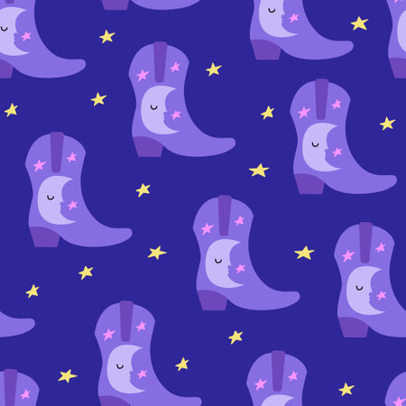 Purple seamless pattern with cowgirl boots with moon and stars. Wild west, western, texas hand drawn vector trendy background.のイラスト素材