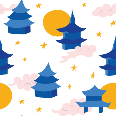 Cute seamless pattern with blue asian pagoda temples, stars, sun and cloud. dream sky. Vector background for textile, fashion, wrapping paperのイラスト素材