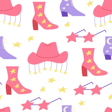 Seamless pattern with cowgirl disco accessories. Cowboy hat, boots and star shape sunglasses. vector flat backgroundのイラスト素材