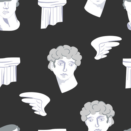 Seamless pattern with head of greek statue, antique column and wings. Mythical, ancient greek vector background in modern styleのイラスト素材