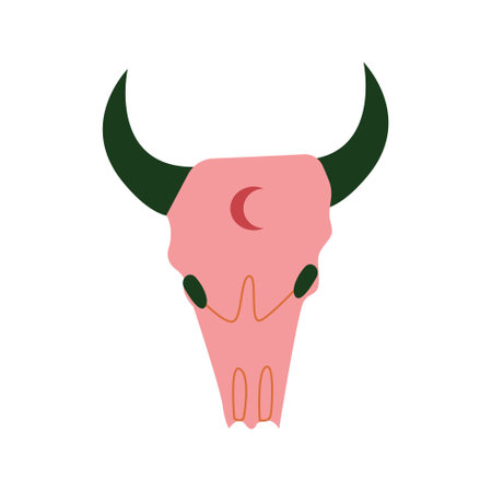 Bull skull with horns and moon. Vector flat illustration on isolated background. Mystical, boho, magic, wild west, western style.のイラスト素材