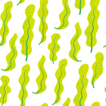 Seamless pattern with green curly leaves. Vector textured illustration. Botanical spring backgroundのイラスト素材