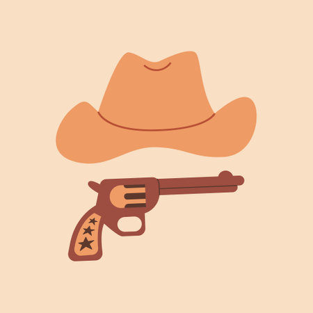 Western vector illustration with cowboy hat and gun on isolated background. Wild west, mystical, boho, magic, esoteric conceptのイラスト素材