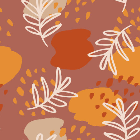 Modern boho seamless pattern with abstract shapes and leaves. Contemporary fashion background in earth color tonesのイラスト素材