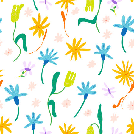 Seamless pattern with various spring flowers. Vector background with abstract florals. different colorful plantsのイラスト素材
