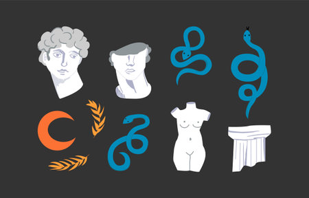 Set of vector antique greece sculptures and snakes. Mystical, bohemian illustration. Mythical, ancient elements on isolated backgroundのイラスト素材