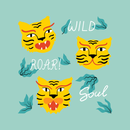 Cute heads of asian tigers and abstract tropical leaves. Vector hand drawn illustration.のイラスト素材