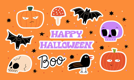 Set of cute halloween stickers. Funny vector flat illustration. Skull, pumpkins with funny faces, bats, crow and lettering booのイラスト素材