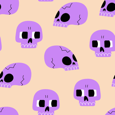 Seamless pattern with purple skulls. Cute halloween background. Skeletons with funny facesのイラスト素材