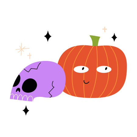 Cute skull and pumpkin with funny face. Vector halloween flat illustration on isolated background.のイラスト素材