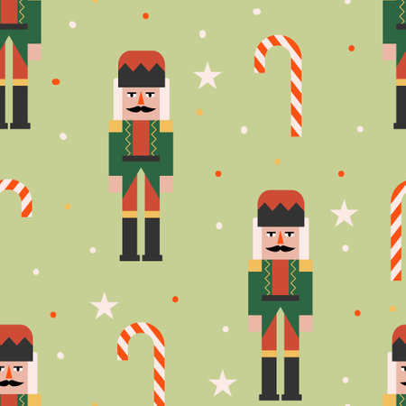 Christmas seamless pattern with nutcracker, lollipops and stars. Cute vector flat holiday backgroundのイラスト素材