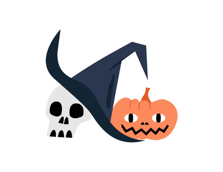 Vector isolated illustration with scull, witch's hat and pumpkin. Halloween jack o lanternのイラスト素材