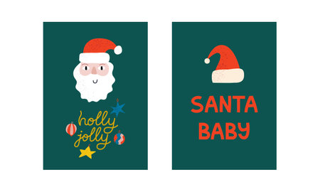 Christmas greeting cards with Santa Claus. Vector handwritten lettering quotes holly jolly and santa babyのイラスト素材