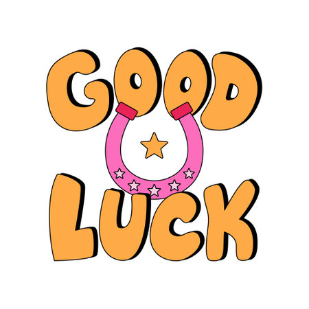 Western poster with lettering good luck and horseshoe. Vector illustration in retro groovy styleのイラスト素材
