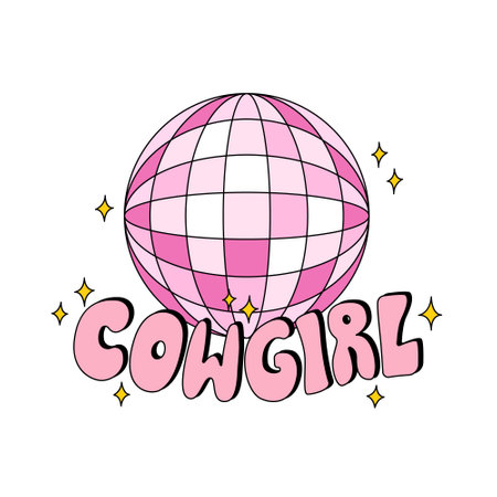 Disco ball and lettering cowgirl in retro groovy style. Vector illustration on isolated background. Disco cowboy party conceptのイラスト素材