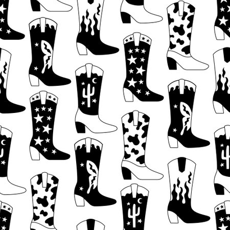 Seamless pattern with black and white cowboy boots. Vector outline background. Cowgirl accessoriesのイラスト素材