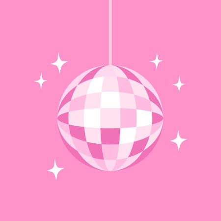Pink disco ball with stars. Vector flat illustration on isolated background. Template for greeting cards, postersのイラスト素材