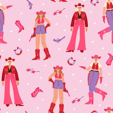 Seamless pattern with cute girls with cowboy boots, sunglasses and horseshoes. Cowgirl party disco concept. Vector flat background with women in pink cowgirl costumesのイラスト素材
