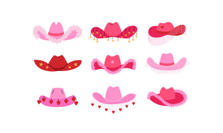 Set of various pink cowboy hats with stars, hearts and fringe. Vector flat illustration on isolated background. Cowgirl western accessory in disco party conceptのイラスト素材