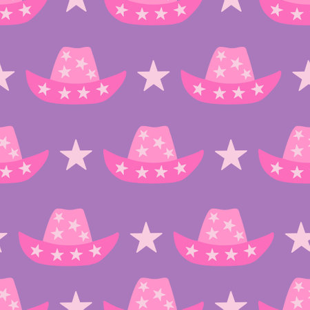 Seamless pattern with pink cowboy hats and stars. Vector flat backgroundのイラスト素材