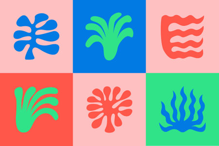 Set of abstract organic shapes. Matisse inspired corals and leaves. Vector flat botanical illustration. Cute naive modern art in retro styleのイラスト素材