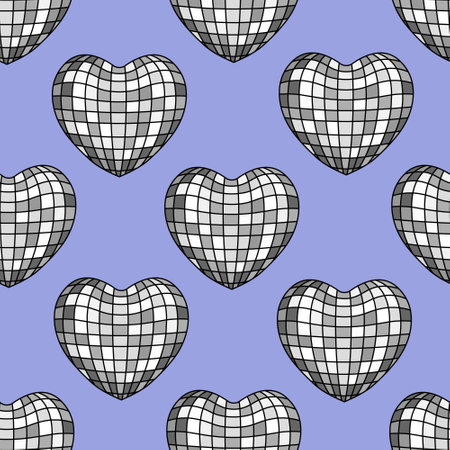 Seamless pattern with silver heart shaped disco balls. Vector holiday backgroundのイラスト素材