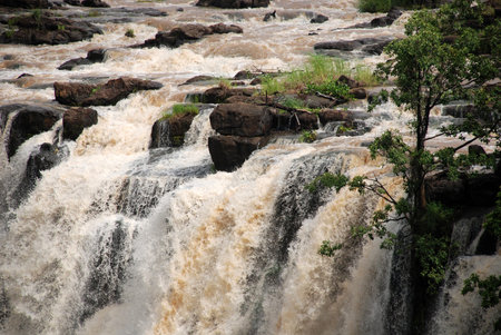 The Zambezi river stream before cascading down the Victoria Falls - on the border of Zambia and...
