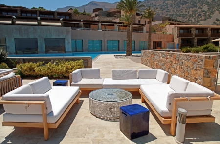outdoor furniture on beautiful mediterranean patio in summer resort(Greece), wide angleのeditorial素材