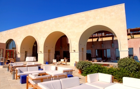 arch terrace with outdoor lounge furniture on summer luxury resort  (Greece)のeditorial素材