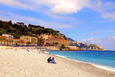Nice, France - May 14, 2013 : View of mediterranean pebble beach Angel bay on May 14, 2013 in Nice,Cote d'Azur, France.のeditorial素材