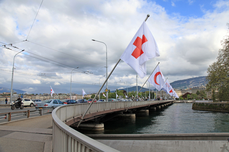 GENEVA, SWITZERLAND - MAY 10, 2013: Mont-Blanc bridge (Pont du Mont-Blanc) is the main bridge in Geneva , Switzerland.のeditorial素材
