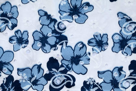 vintage white and blue cotton fabric with floral pattern. の写真素材
