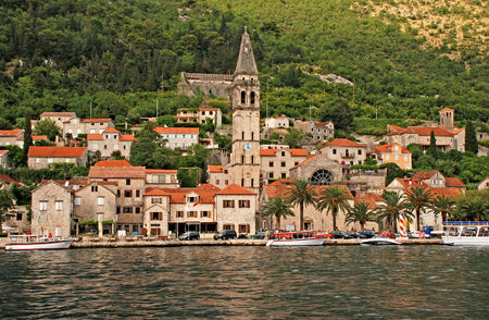 Beautiful landscape with mediterranean town - Perast, Kotor bay, Montenegroの写真素材