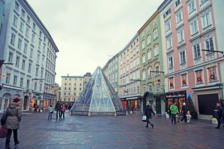 SALZBURG, AUSTRIA - JANUARY 05, 2013: View of christmas Salzburg streets in Salzburg, Austria. Salzburg is the birthplace of Wolfgang Amadeus Mozart. のeditorial素材