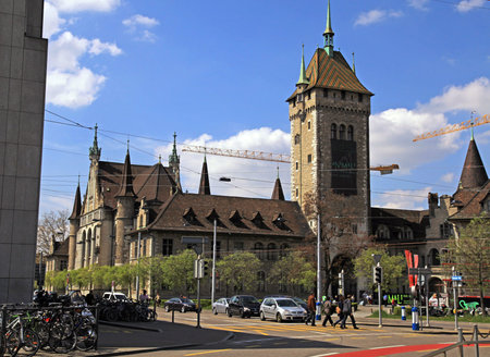 ZURICH, SWITZERLAND - MAY 05, 2013: Cityscape with view of Swiss National museum (Landesmuseum) in...