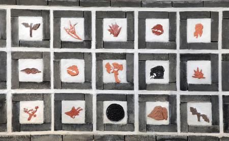 Korea brick fence asian white and grey tile wall backgroundの写真素材