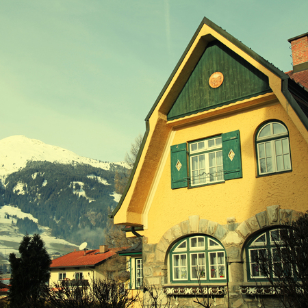 Tradition mountain house on winter ski resort in Alps(Austria),square toned image, instagram effectのeditorial素材