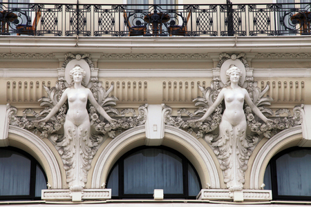 Ornate architectural detail at baroque style facade, Monte Carlo, Monaco.の写真素材