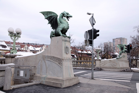 Winter city wiew with famous Dragon bridge in Ljubljana, Sloveniaの写真素材