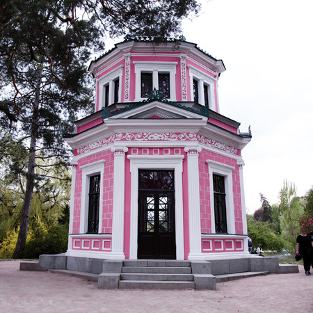 Pink house in Sofiyivsky Park in Uman, Ukraine. Sofiyivka is a scenic landmark of world gardening design. Square toned imageの写真素材