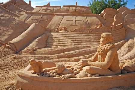 ALGARVE PORTUGAL  OCTOBER 3 2009: Spanish fregat large sand sculpture of unidentified artist at FIESA International Sand Sculpture Festival in Algarve Portugal.のeditorial素材