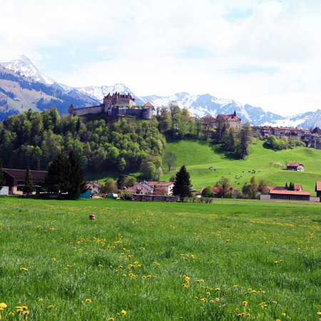 Beautiful landscape with Gruyere Castle, fields and Alps Mountains in the background, Switzerland. Square toned image,  effectのeditorial素材
