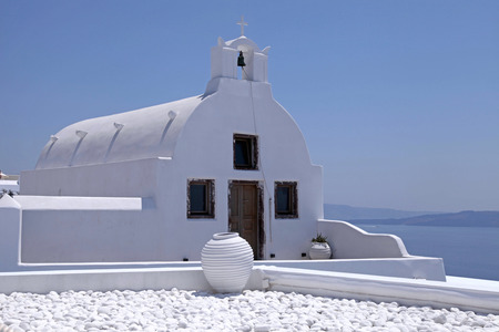 Traditional blue dome church in Oia, Santorini island, Greeceのeditorial素材