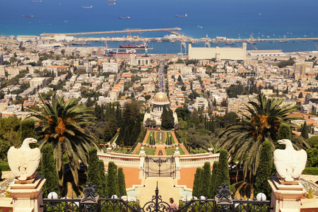 Beautiful panoramic landscape with Bahai Gardens and sea port in Haifa, Israel.の写真素材