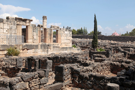 Ruins of ancient White synagogue in which Jesus Christ preached in biblical Capernaum, Israel.のeditorial素材